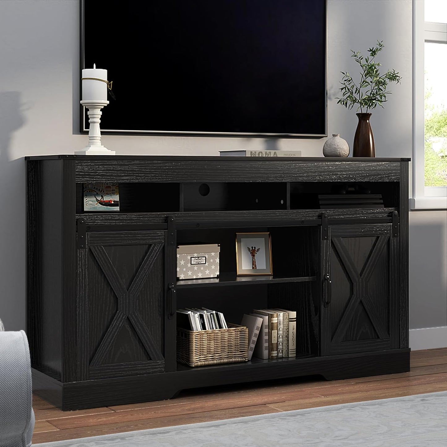 Black farmhouse tall TV stand with sliding barn doors, view 8