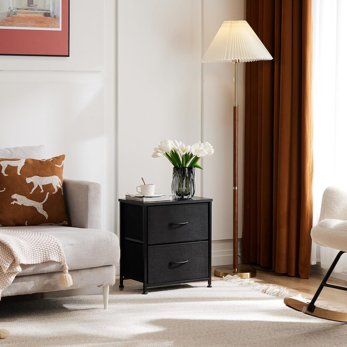 Nightstand Small Dresser with 2 Fabric Drawers Side Tables Bedroom End Table Bedside Storage Furniture for 20 Inch Tall Night Stand for Entryway, College Dorm, Classic Black