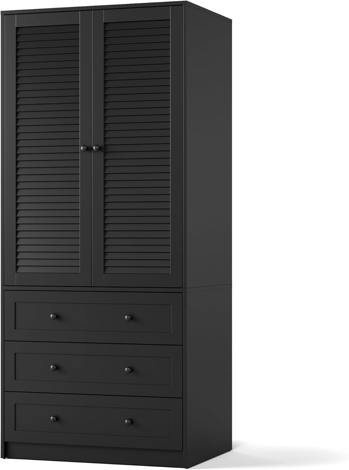 Armoire Wardrobe Closet with Drawers, 69.5 in Wooden Wardrobe Cabinet with Hanging Rod, 2 Doors Clothing Storage Cabinet for Bedroom, Large Capacity Storage, Louvered Door, Black