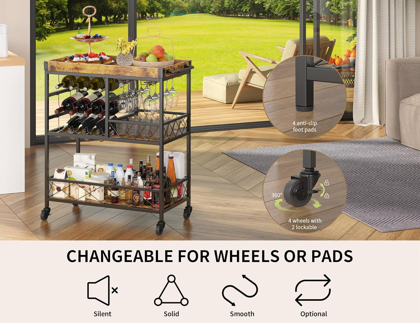 Bar Cart, 3 Tier Coffee Cart with Lockable Wheels, 12-Bottle Wine Rack, and Hanging Glass Holder, Kitchen Rack with Removable Tray, for Kitchen, Dining Room, Entertaining, Club Party,Retro