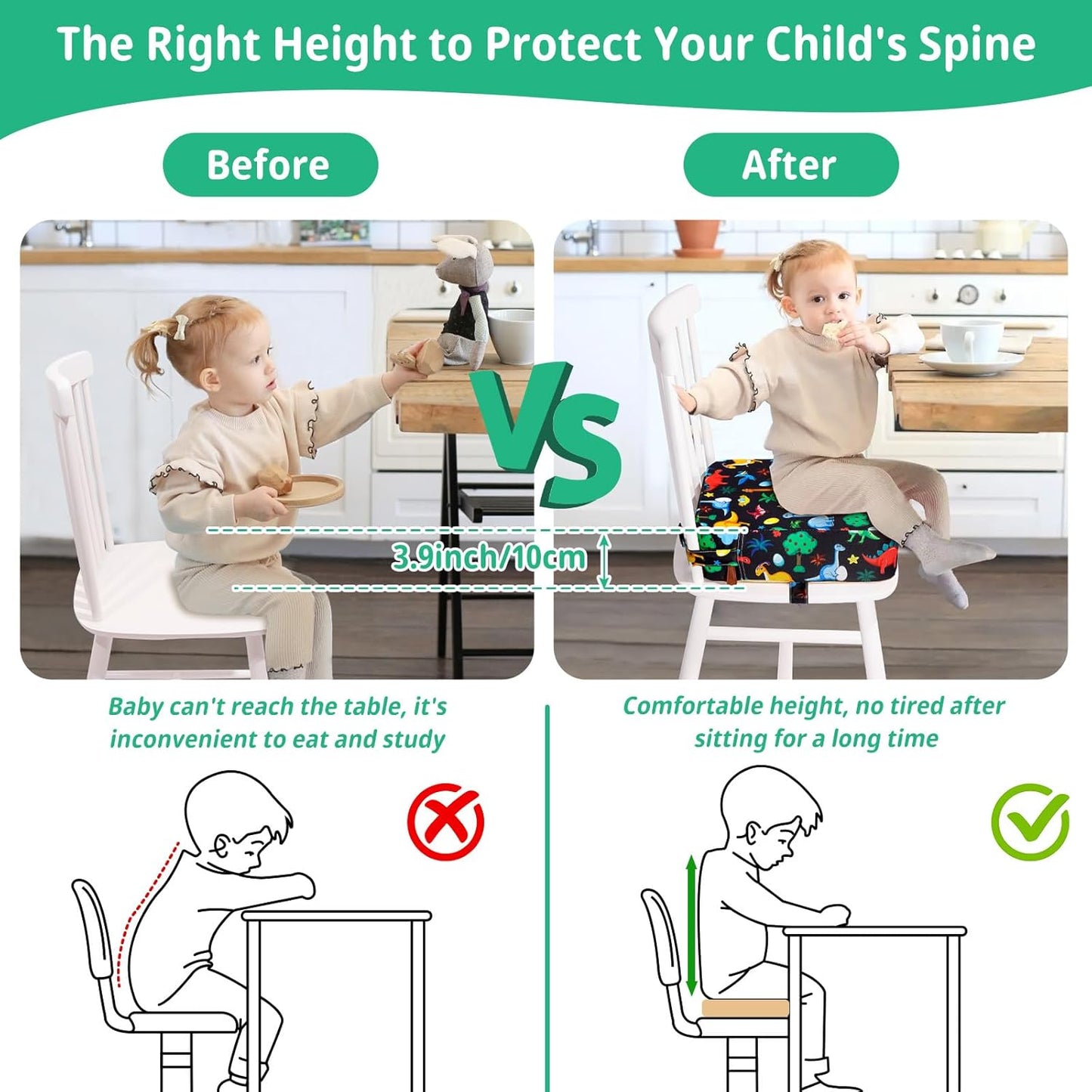 Toddler Booster Seat for Kitchen Chair, Non-Slip Kids Dining Table Booster Seat with Adjustable Safer Straps, Portable Baby Eating Travel Camping Increasing Cushion