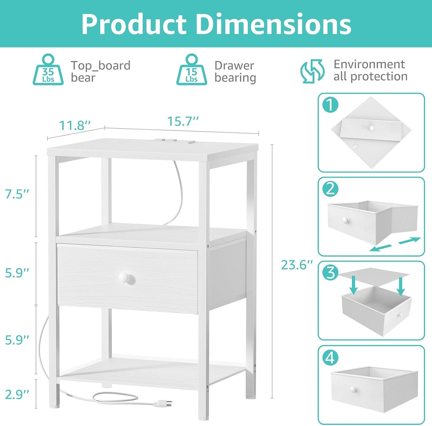 White Nightstand with Charging Station, LED Night Stand with Fabric Drawers and Shelf, Bedside Table with USB Ports and Outlets, Bedroom Nightstand Modern