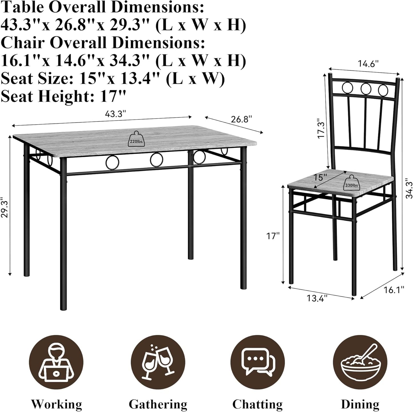 5 Piece Dining Table Set, Modern Metal&Wood Kitchen Dinner Table with 4 Chairs, Dining Room Table Sets for Small Spaces, Gray