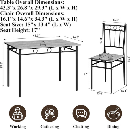 5 Piece Dining Table Set, Modern Metal&Wood Kitchen Dinner Table with 4 Chairs, Dining Room Table Sets for Small Spaces, Gray