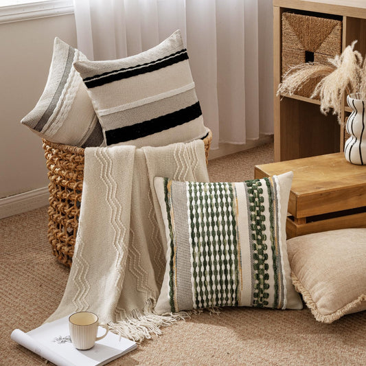 Pack of 2 Boho Decorative Throw Pillow Covers 18X18 Farmhouse Cushion Case Striped Chenille Pillow Cases Square Pillow Covers Accent Neutral Pillowcase for Sofa Couch Bed, Olive Green Stripe