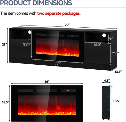 70" Fireplace TV Stand with 36" Electric Fireplace, LED Light Entertainment Center for Tvs up to 80", High-Gloss Door, Modern TV Console for Living Room with Storage Cabinet, Black+Black