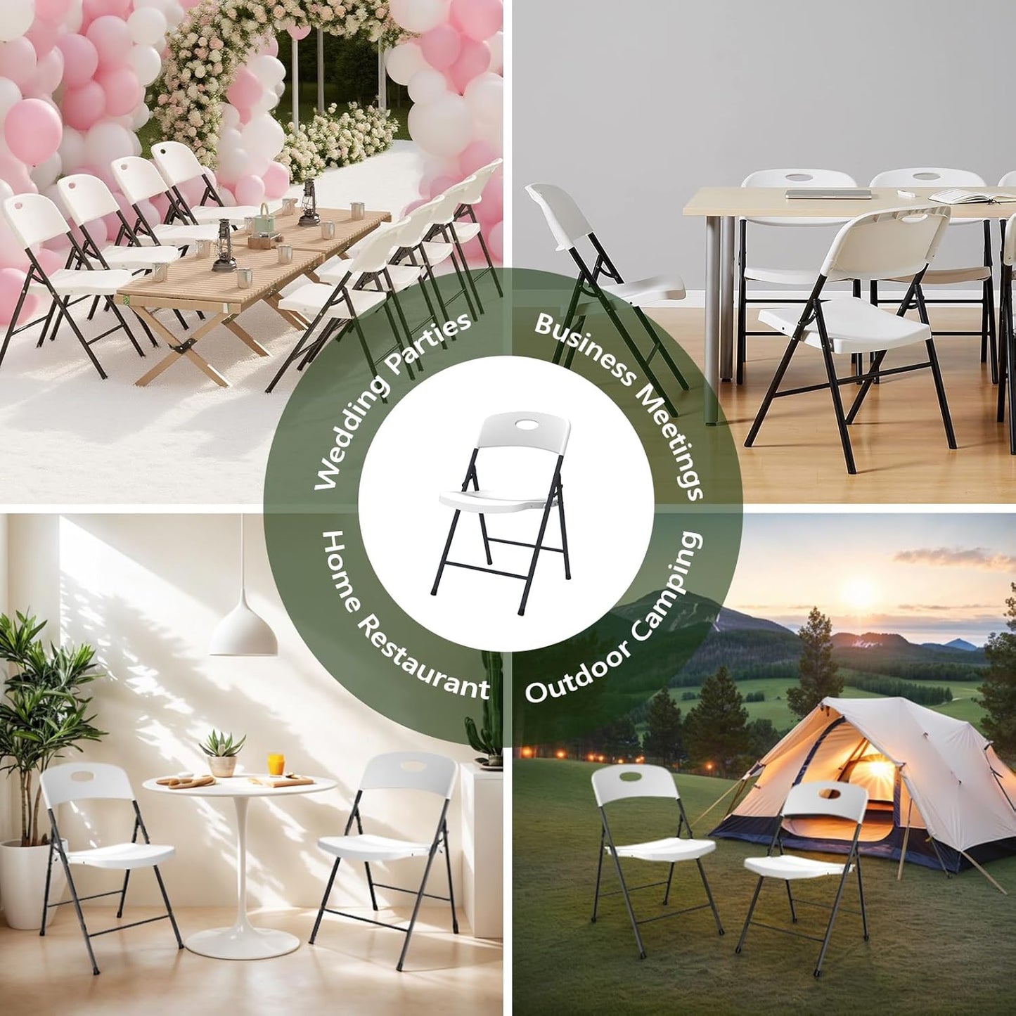 Folding Chair 4 Pack, Outdoor Plastic Sturdy Metal White Folding Chairs for outside Indoor, Portable 350 Lbs Capacity Heavy Duty Foldable Commercial Seating for Picnic, Party, Patio