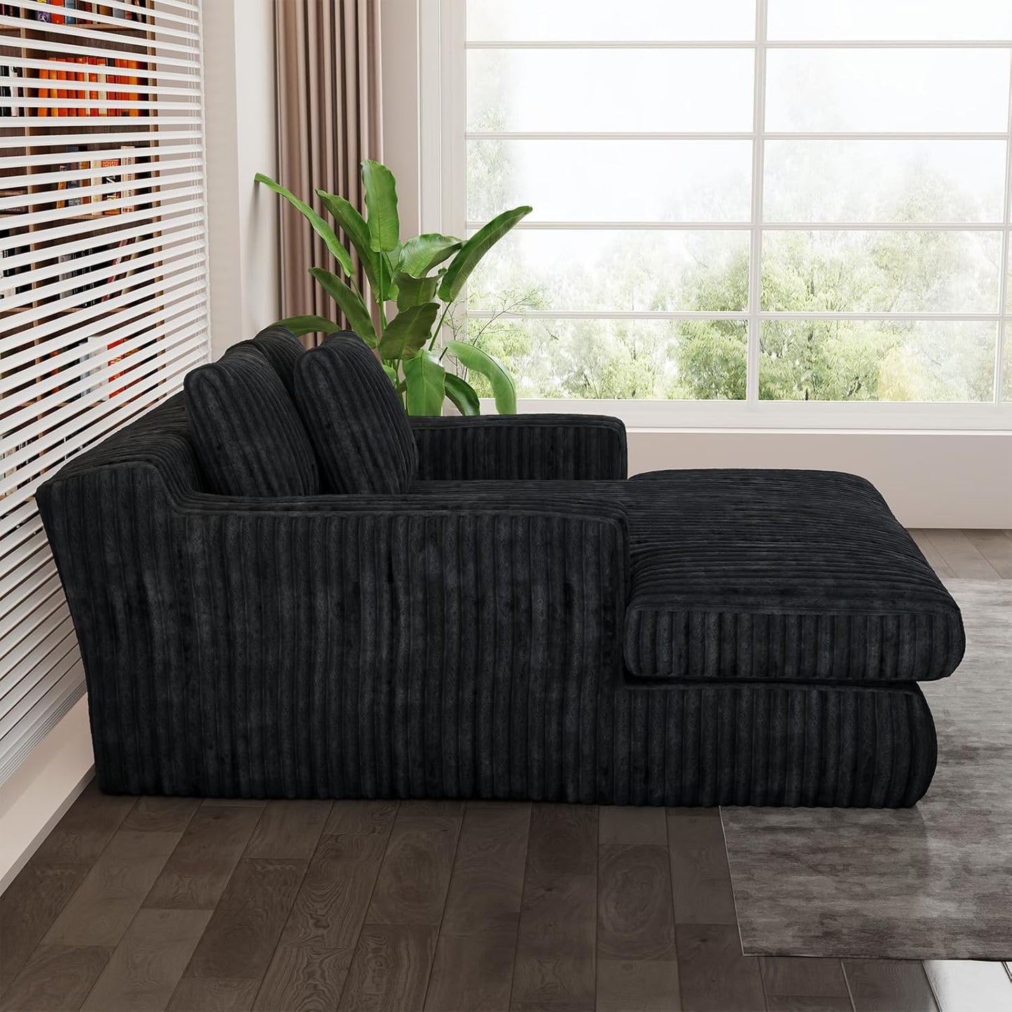 76" Oversized Chaise Lounge Chair Indoor, Cloud Boneless Sleeper Couch Corduroy Upholstered Sofa Bed Deep Seat Comfy Reading Chair with 3 Pillows for Living Room Bedroom, Black