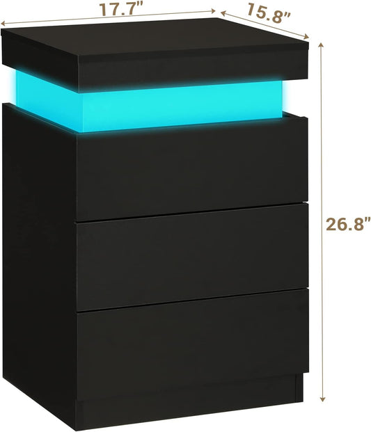 Nightstand with Charging Station and LED Lights,Night Stand with Sliding Top,Bedside Table with Drawers,Modern End Side Table for Bedroom,Black