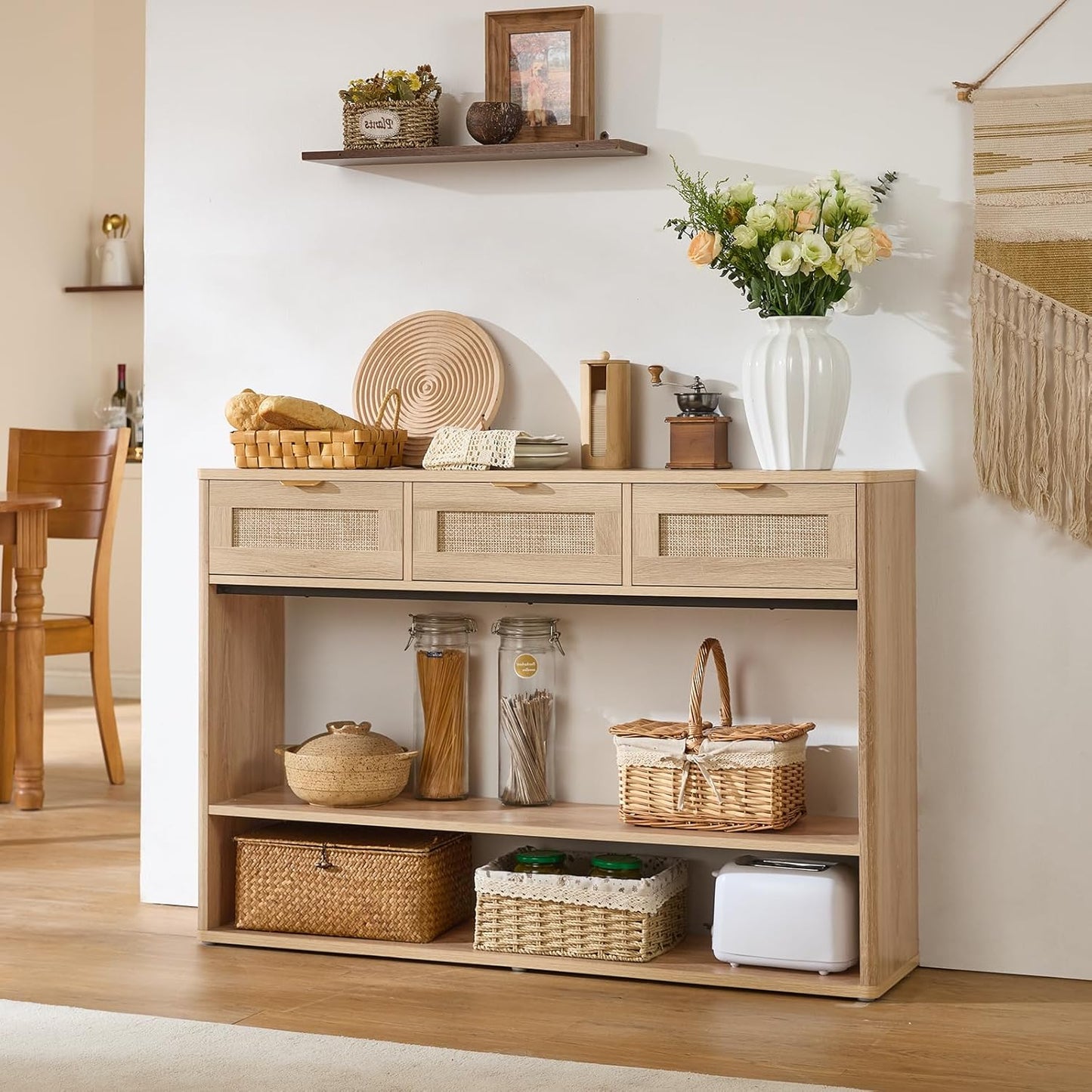 48" Boho Rattan Console Table with 3 Drawers, 3 Tier Wooden Entryway Table with Open Storage Shelf, Narrow Long behind Couch Sofa Tables for Living Room, Hallway, Entrance, Natural Wood