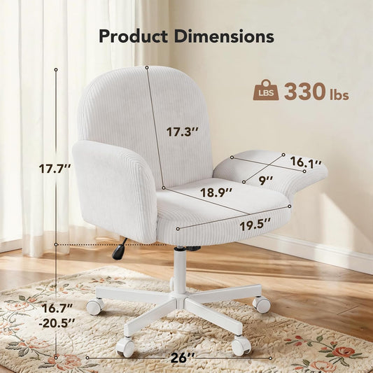 Criss Cross Office Chair for Women, Cross Legged Desk Chair with Adjustable Armrests, Soft Corduroy Fabric for Small Spaces, Petite Home Office Computer Chair for Girls, White