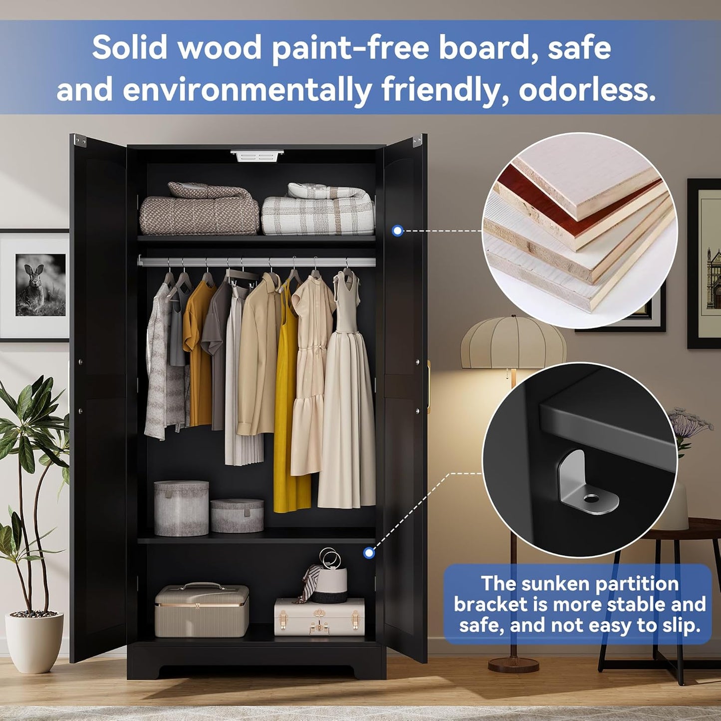 Wooden Armoire Wardrobe Closet, Wardrobe Cabinet with Door and Shelves, Freestanding Bedroom Armoires Clothing Storage Cabinet with Hanging Rod for Bedroom, Laundry Room, Cloak Room(Black)