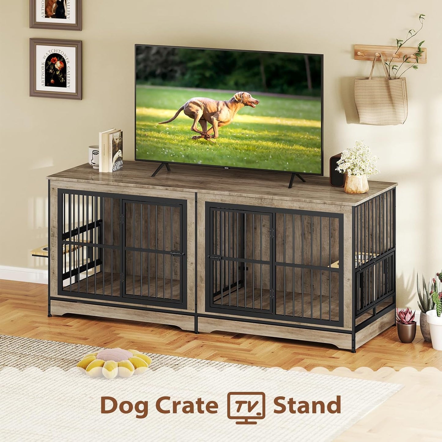 78 Double Dog Crate Furniture for 2 Large Dogs Indoor, Wooden Furniture Dog Crates with Dog Bowl, Dog Kennel Furniture TV Stand Large Breed Grey