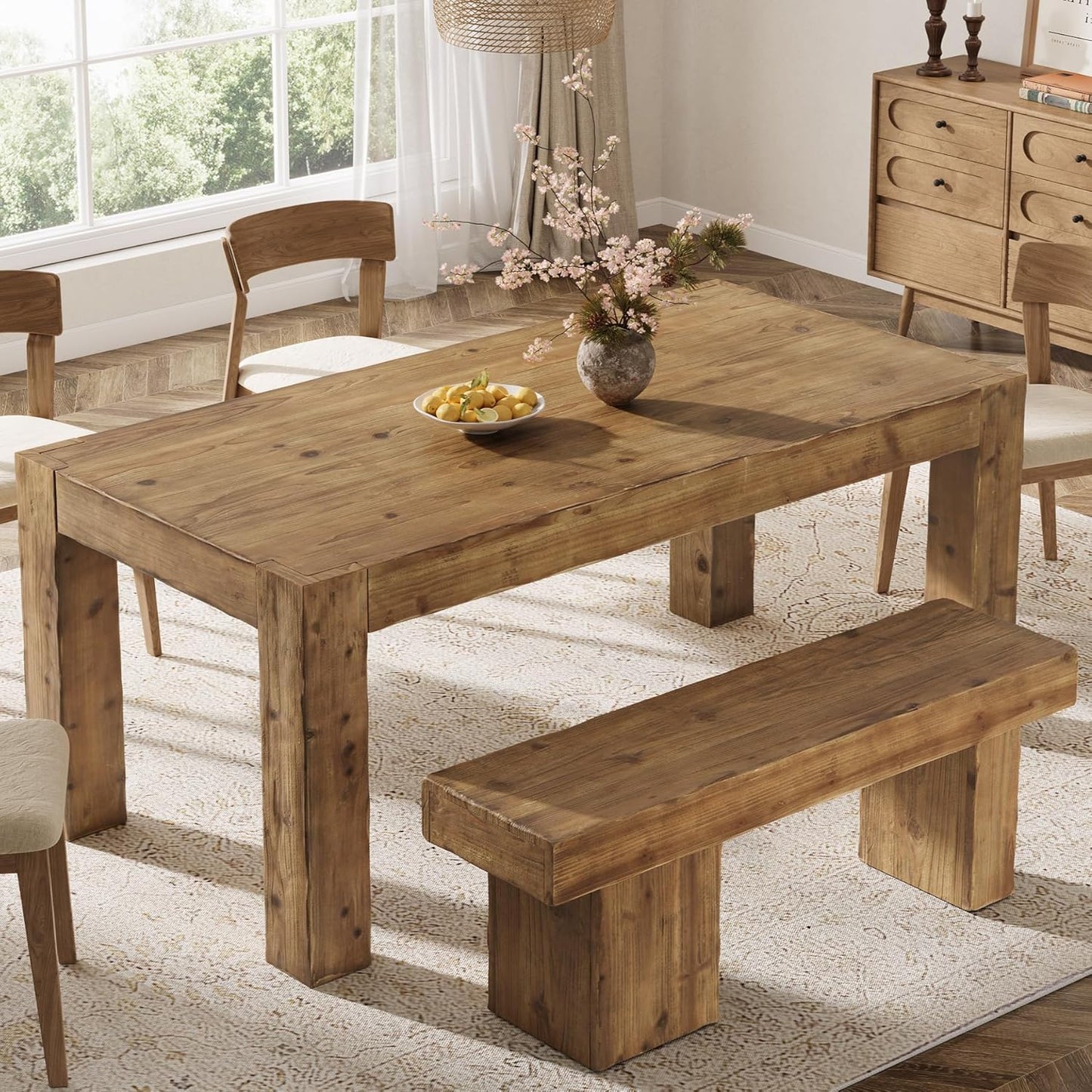 Solid Wood Dining Table for 6, 63-Inch Farmhouse Kitchen Table with Heavy Duty Legs, Rectangular Wood Dinner Table for Dining Room, Living Room (Rustic Brown)