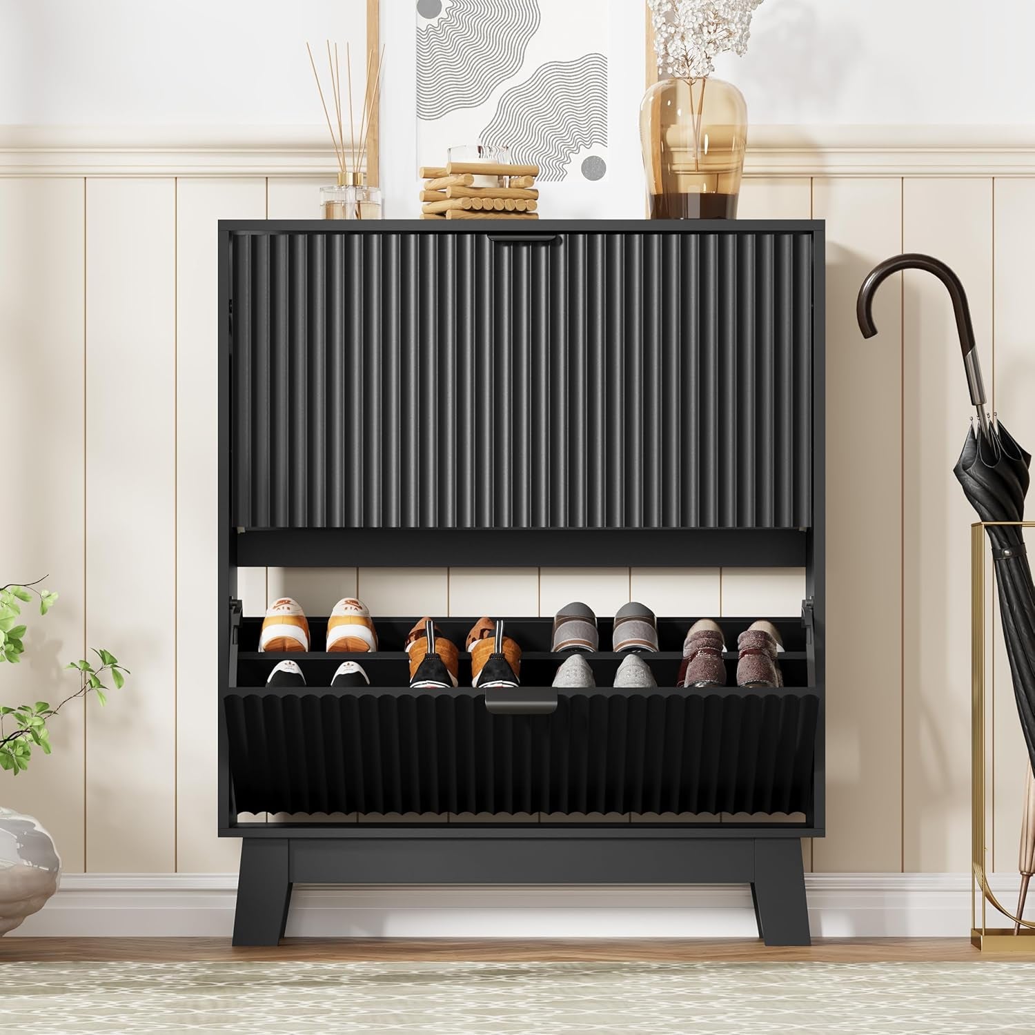 Shoe Cabinet Storage for Entryway with 2 Flip Drawers, Fluted Narrow Shoe Organizer with Wooden Legs, Freestanding Slim Shoe Storage Hidden Shoe Rack Organizer for Front Door Entrance, Black