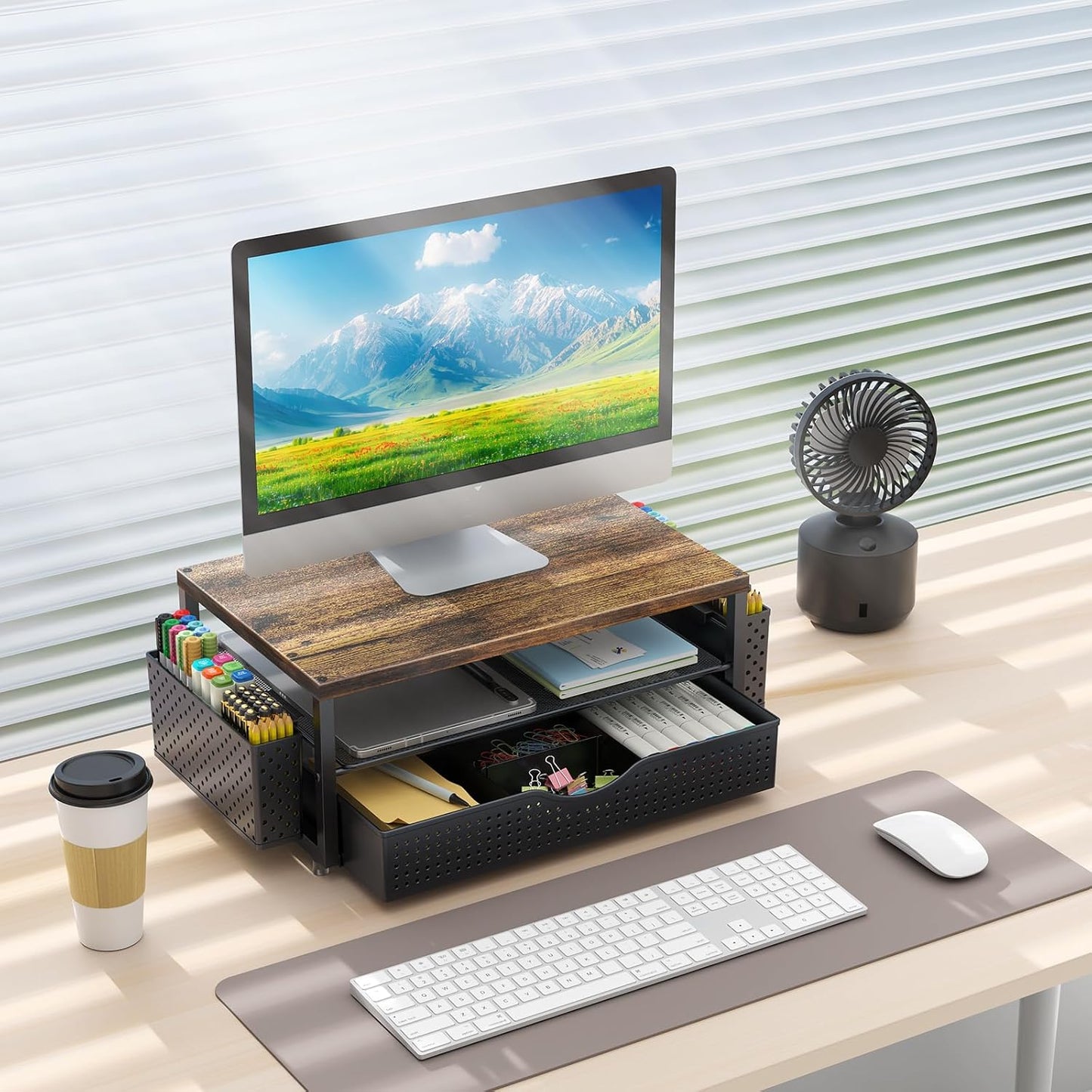 Wood Monitor Stand Riser, Office Desk Shelf Organizer, Desk Organizer with Drawer and Pen Holder, 2-Tier Computer Stand, Office Organization (Wood)