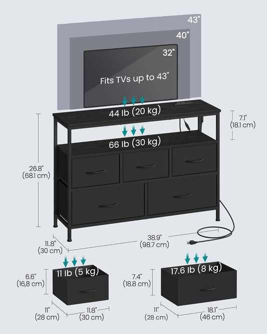 BELLAH Collection - Dresser for Bedroom with App-Controlled LED Lights and Charging Station, Chest of Drawers, TV Stand, 5 Drawers, Shelf, Modern, Ink Black ULGS723BH02S