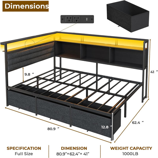 Full Size Bed Frame with Headboard and Storage Drawers, Full Metal Platform Corner Bed Frame with Charging Station and LED Lights, Heavy Duty Strong Support Slats and Easy to Assemble, Black