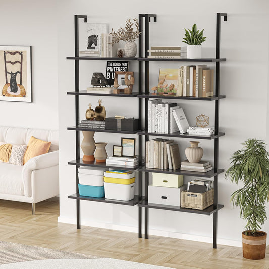 5-Tier Bookshelf, Wall Mount Ladder Shelf with Wood Board and Industrial Metal Frame, for Home Office, Living Room, Bedroom, Entryway and Hallway, (1, Black)