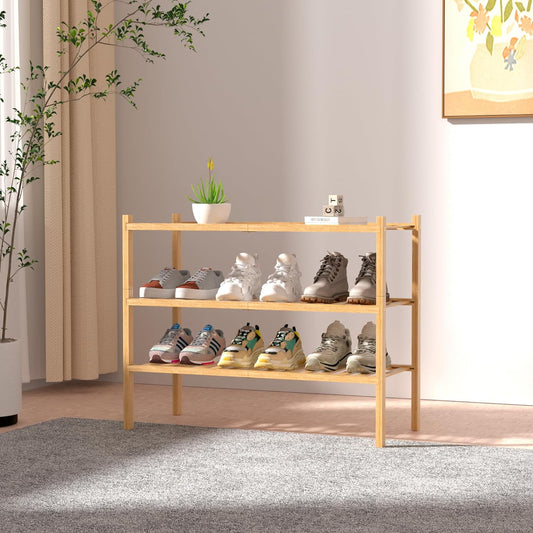 3 Tier Bamboo Shoe Rack for Closet Free Standing Wood Shoe Shelf Storage Organizer for Entryway Small Space Stackable 27"X11"X20" (Natural)