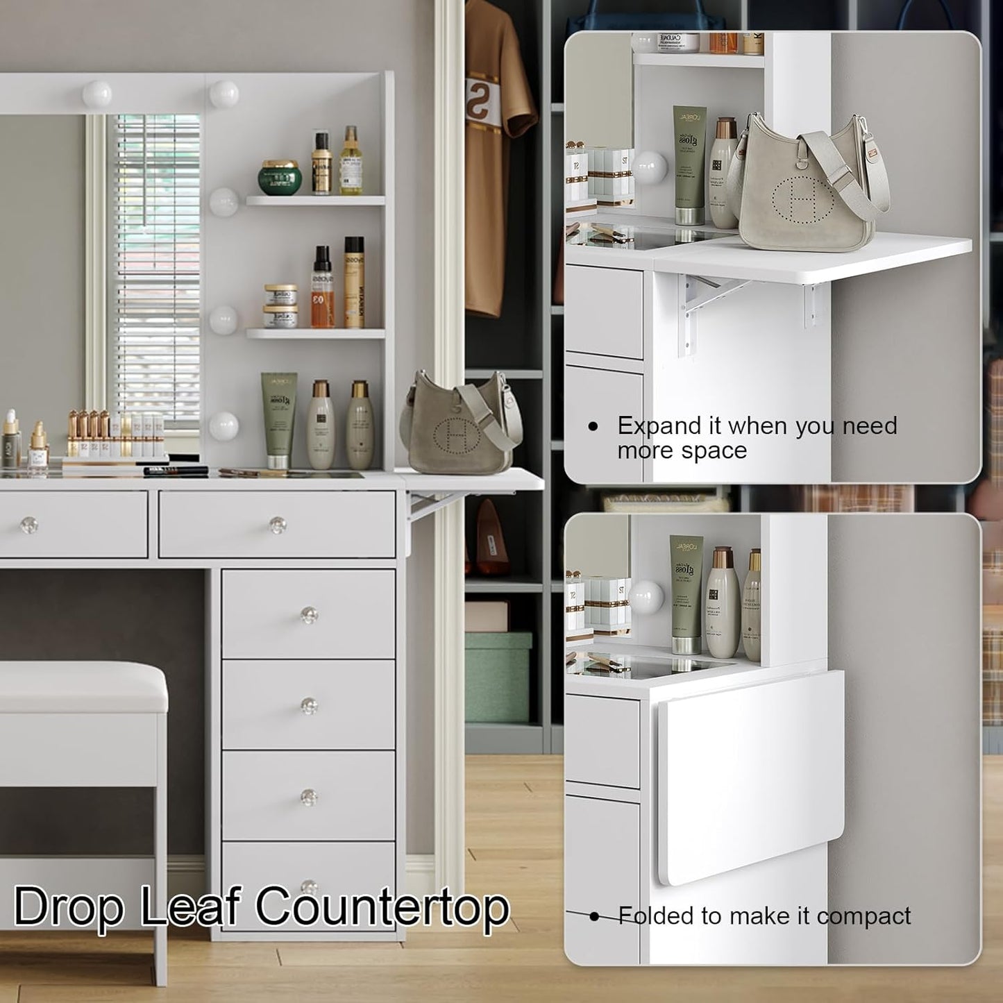 Vanity Desk with Power Outlet, 47'' W Makeup Table with Mirror and 12 LED Lights, 3 Color Lighting Modes, 11 Drawers Makeup Vanity with 4 Shelves, Fold-Up Panel, Glass Top, Vanity Set for Bedroom