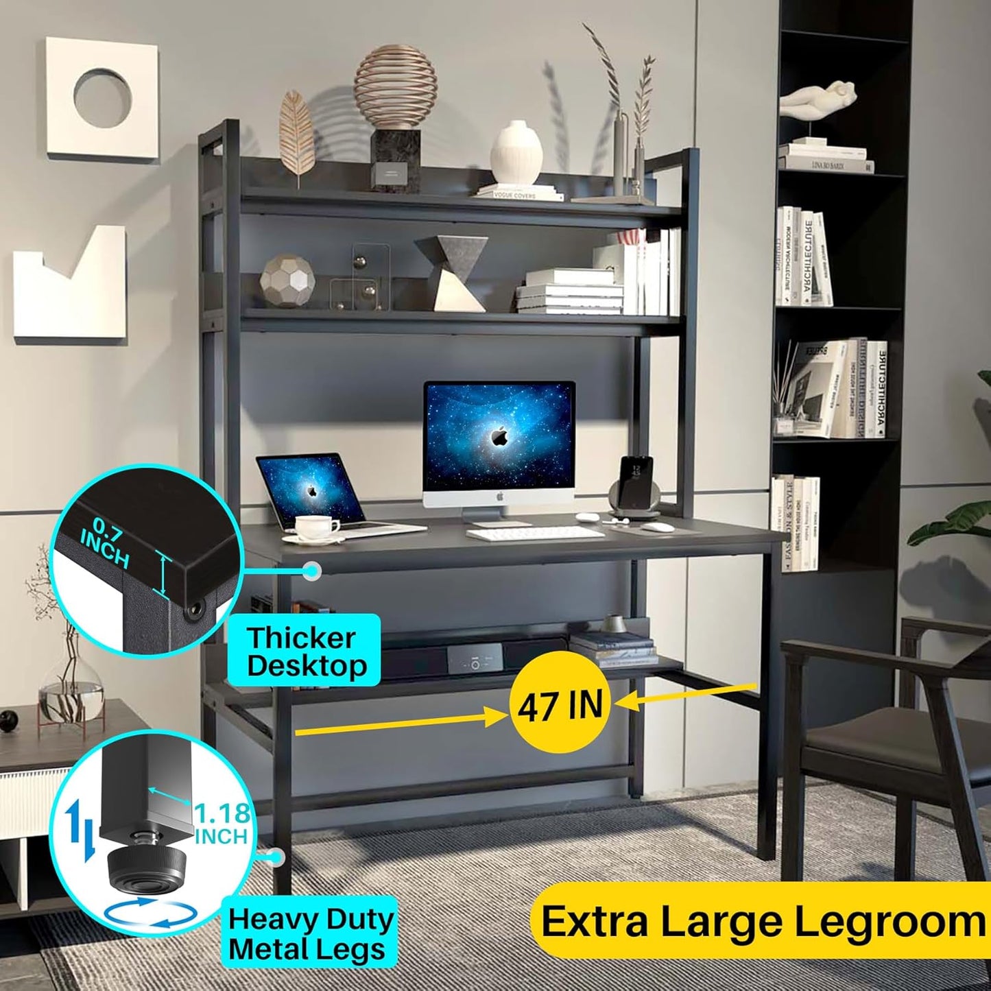 Computer Desk with Hutch and Bookshelves, Large Leg Room 47 Inch Width Black Desk with Space Saving Storage Shelves for Home Office,Study, Work, Easy Assemble