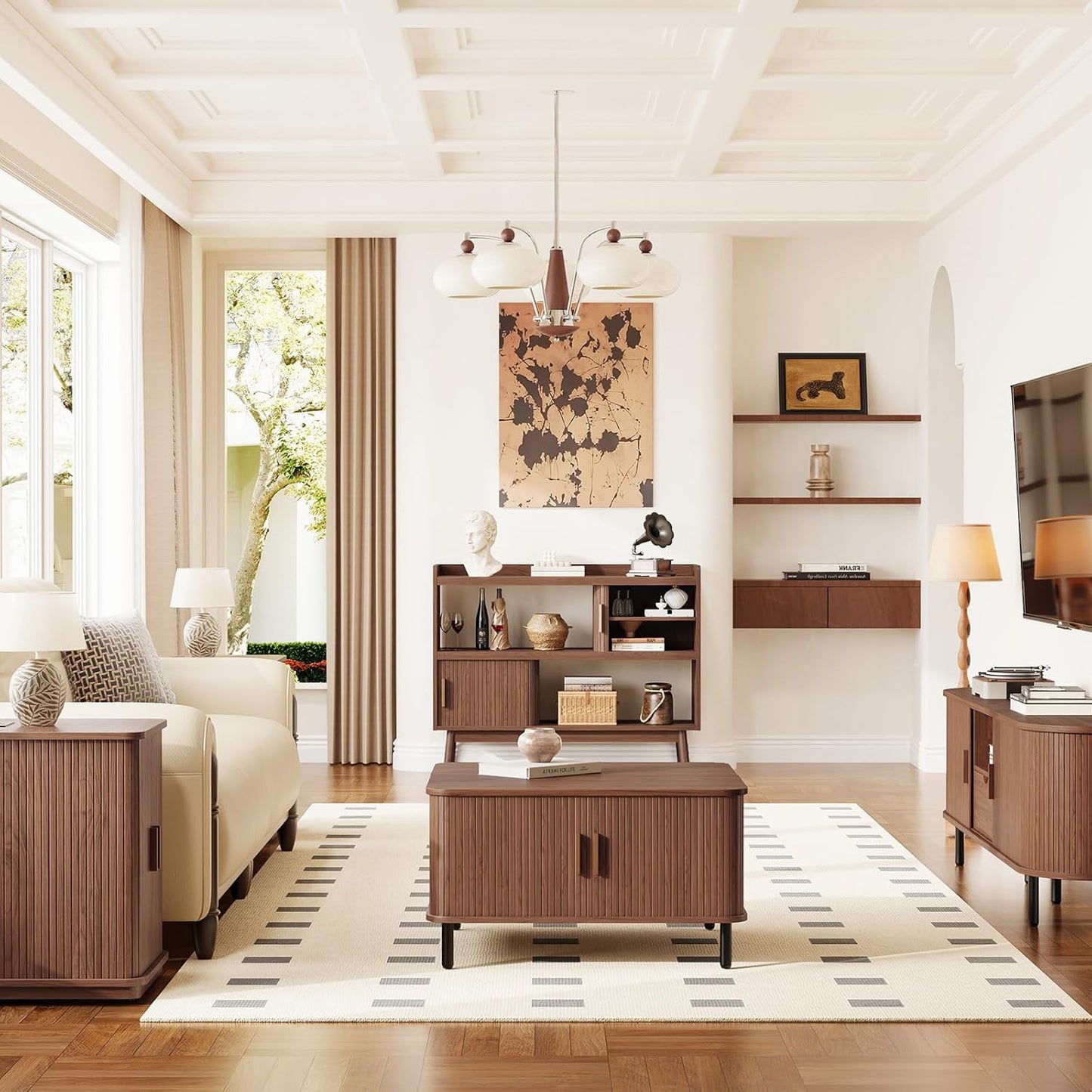 44" Sideboard Buffet Cabinet with Outlet & 2 Open Storage Spaces, Fluted Sideboard Cabinet with Sliding Door & Adjustable Shelves, Mid-Century Accent Coffee Bar Console Table with Wooden Feet