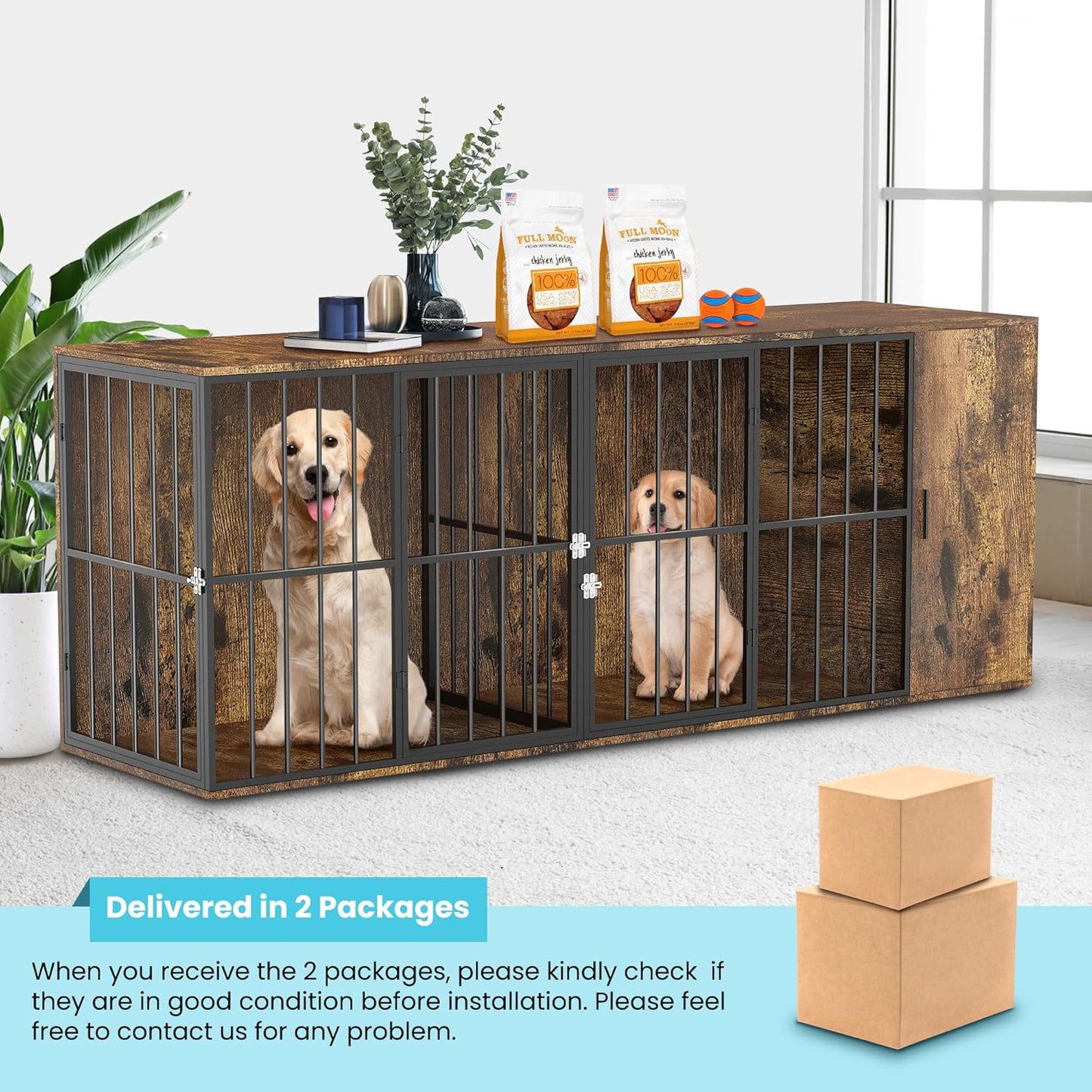 Dog Cage Furniture for 2 Dogs,Large Wooden Crate Furniture TV Stand,Large Crate Furniture with Cabinet and Removable Divider,Indoor Dog House,Pet Storage Cabinet
