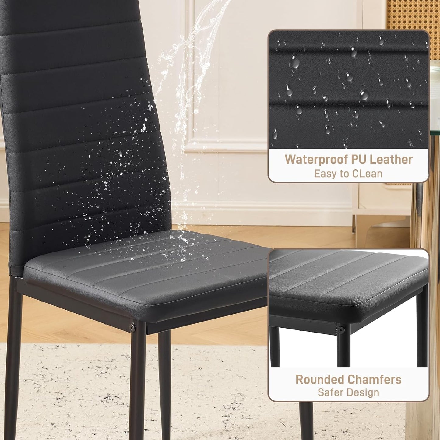 Dining Chairs Set of 4, PU Leather Balck Kitchen Chairs with Padded High Back & Foot Cap Protection for Dining Kitchen Living Room,300Lbs Capacity,Space-Saving