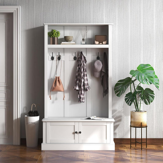 42" 3-In-1 Entryway Hall Tree with Storage Bench, Coat Rack with Six Hooks, Shoe Storage and Top Shelf, White
