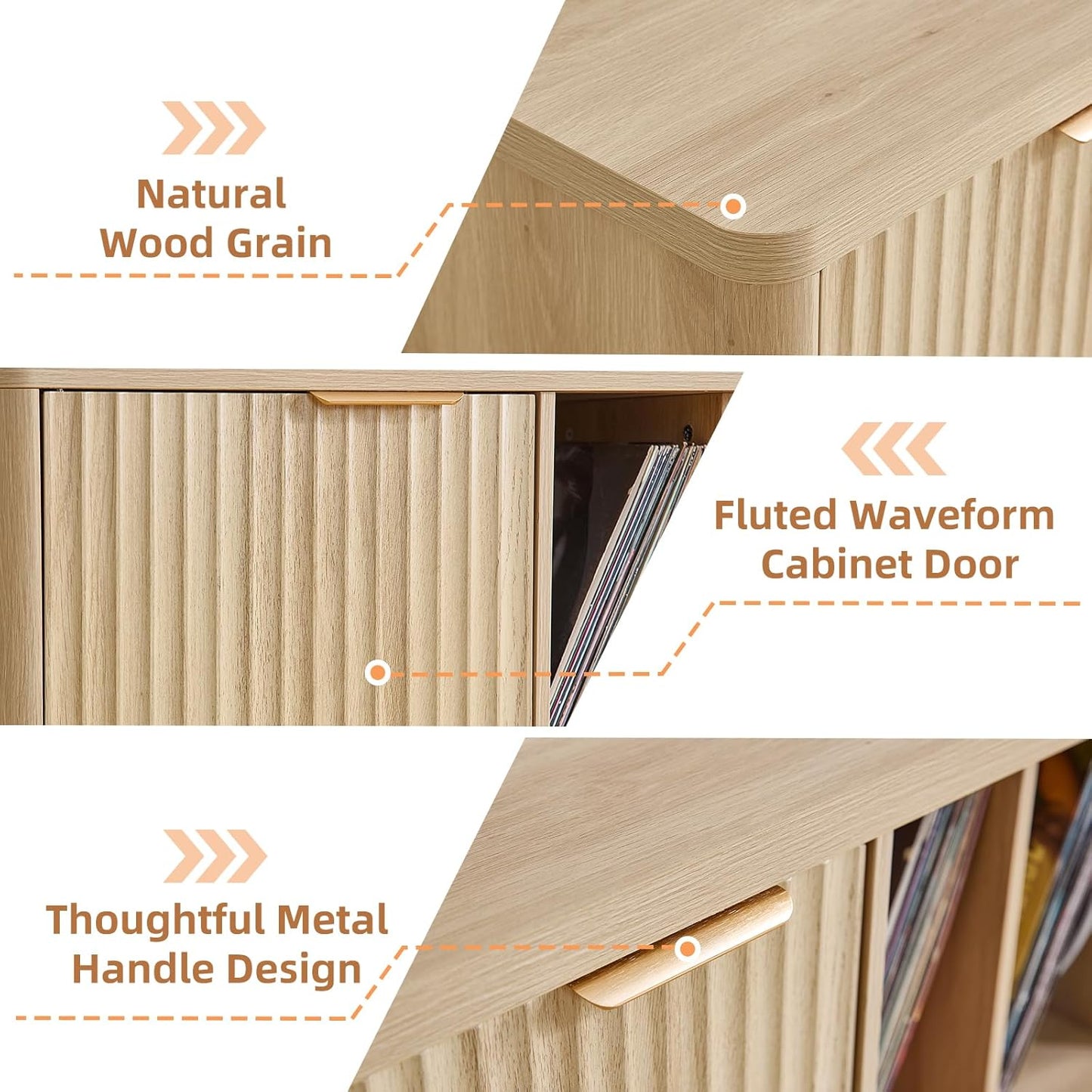 Large Record Player Stand with Vinyl Storage up to 450 Albums, Wood Fluted Boho Record Storage Accent Cabinet, Modern Stereo Media Cabinets, Wide Turntable Stand for Living Room, Natural Oak