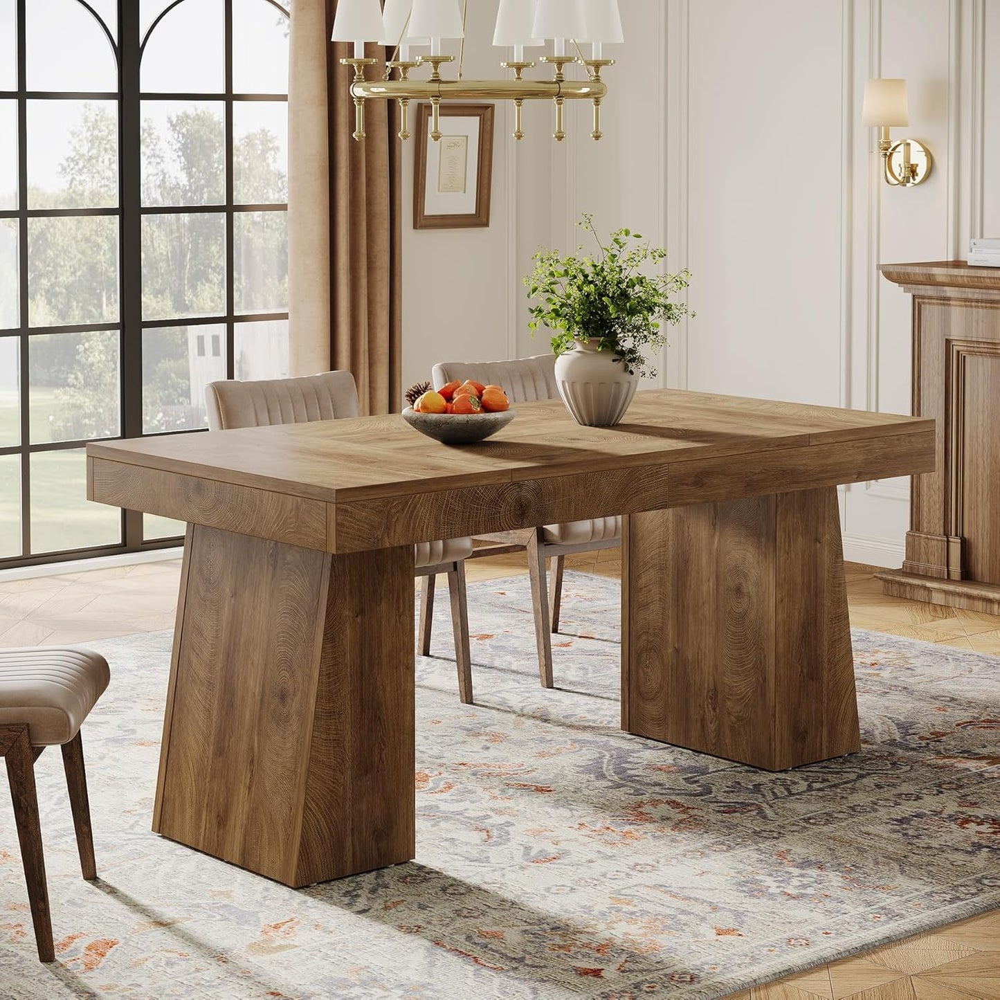 55-Inch Dining Table for 4-6, Rectangular Dining Room Table with Sturdy Legs, Wood Kitchen Dinner Table, Mid-Century Modern Dining Table for Dining Room, Kitchen, Home, Yellow