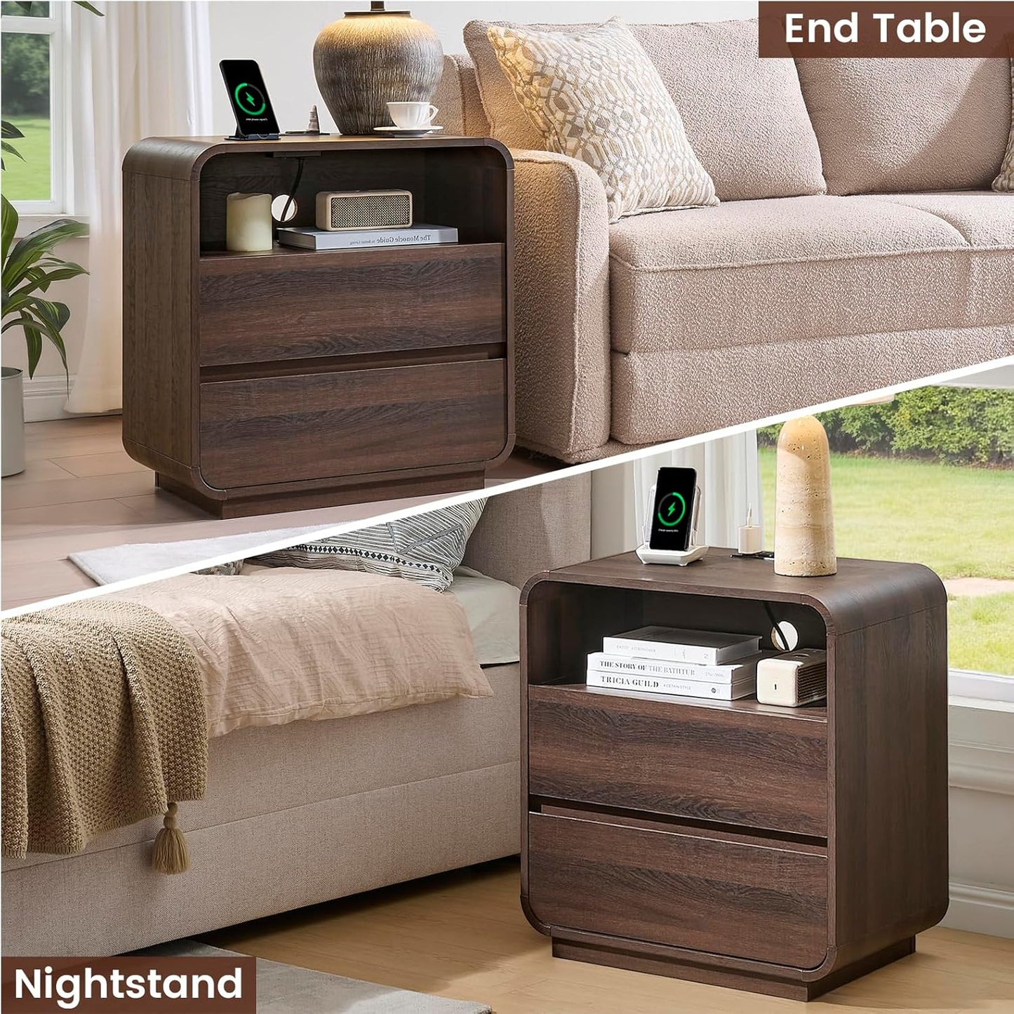 White Nightstand Set of 2 with Charging Station, 23.2" Wide Wood Bedside Table, Modern End Table with 2 Storage Drawers, Curved Profile, Handleless, Mid Century Night Stand for Bedroom