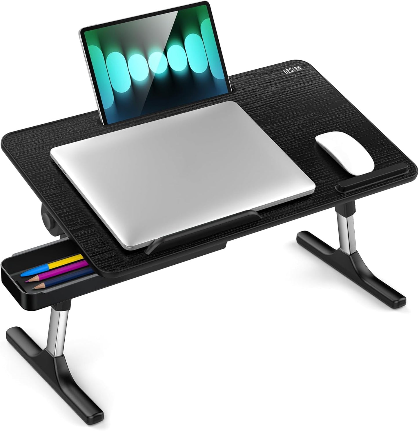 LT05 Adjustable Laptop Table, Lap Desk, Portable Standing Bed Desk, Foldable Sofa Breakfast Tray, Notebook Computer Stand for Reading and Writing, Medium Size, Black