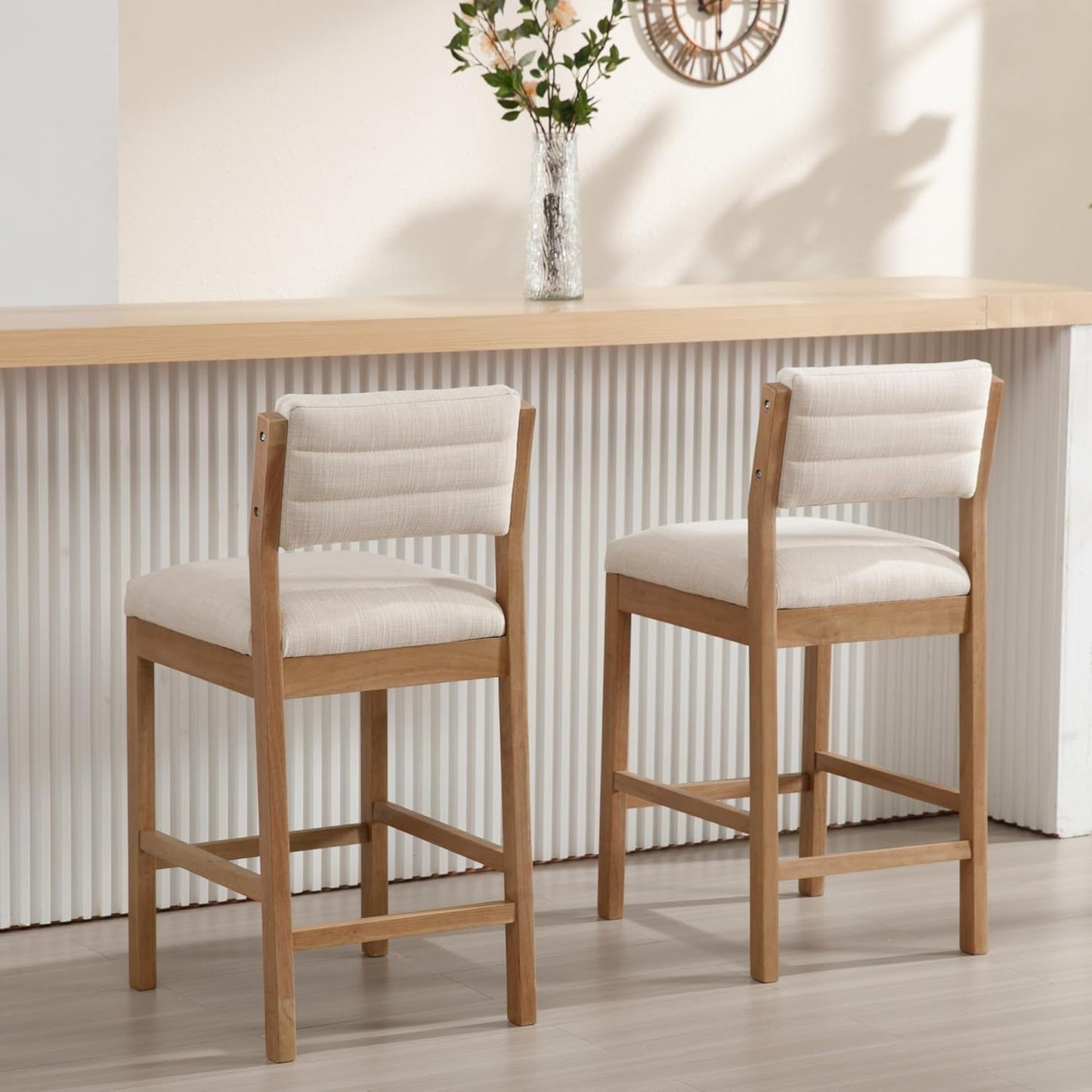 26" Bar Stools Set of 2 Counter Height Bar Stools for Kitchen Counter, Modern Upholstered Barstools with Back and Wood Legs Linen Stools Farmhouse Island Chairs, Beige