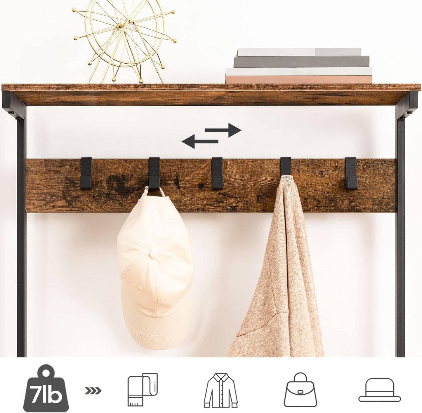 Hall Tree with Bench, Coat Rack with Shoe Storage, Shoe and Coat Rack, 5-Tier Entryway Shoe Storage, 5 Hooks, for 12-16 Pairs, Industrial, Hallway, Foyer, Mudroom, Rustic Brown BF74MT01