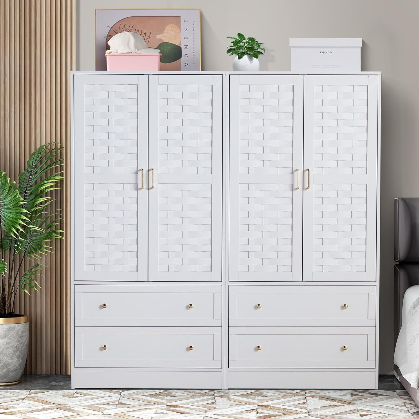Armoire Wardrobe Closet with 2 Woven Doors, Wardrobe Cabinet with 2 Storage Drawers and Hanging Rail, Freestanding Wooden Closet for Bedroom (White)