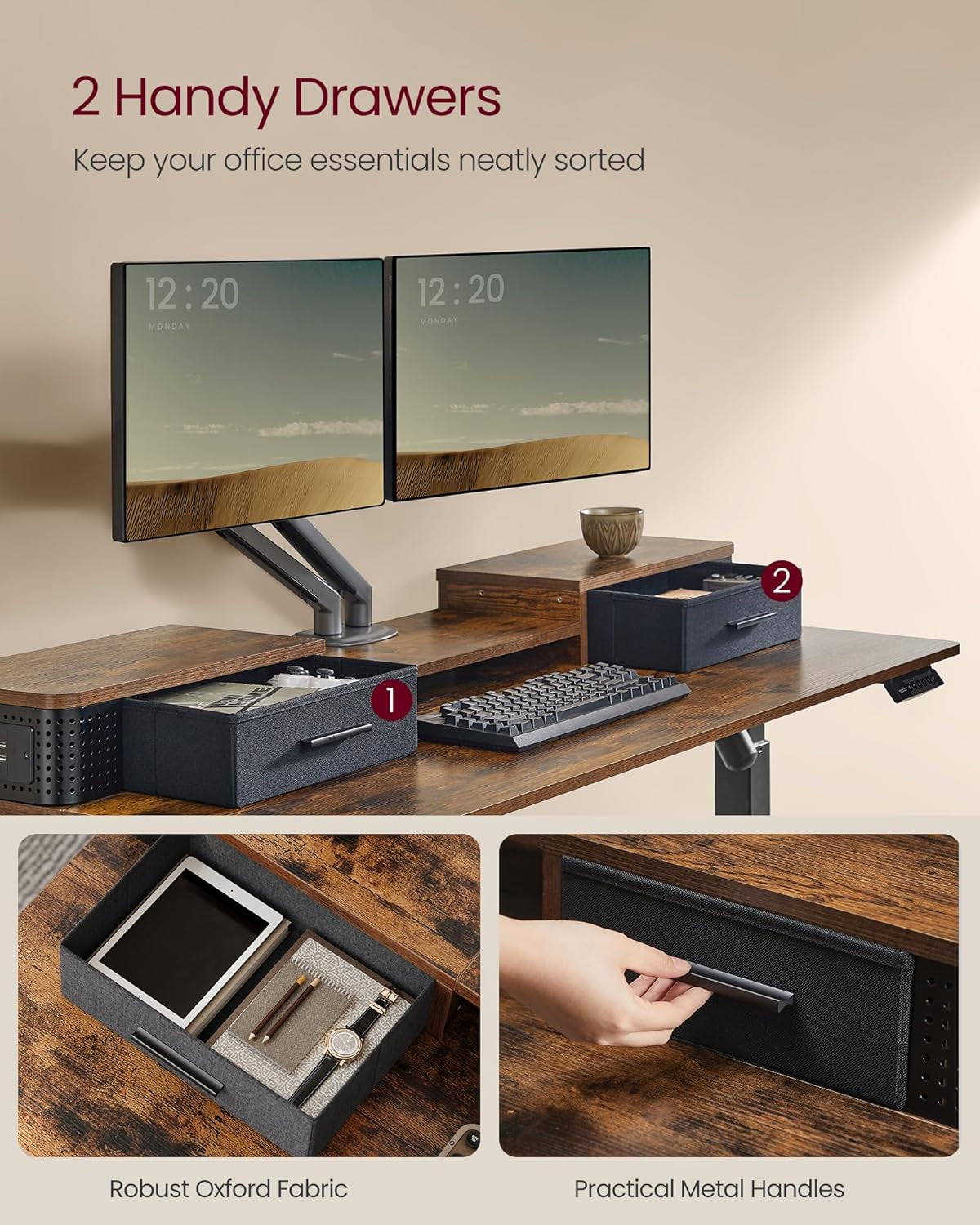 L Shaped Electric Standing Desk, 63 X 47.2 Inches, Height Adjustable Corner Desk with Power Outlets, 2 Memory Buttons, Easy to Assemble, for Home Office, Rustic Brown ULSD242K01
