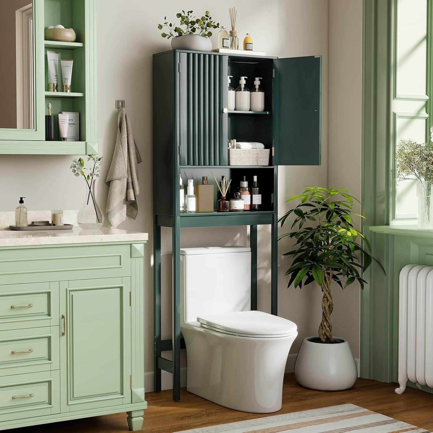 over the Toilet Storage Cabinet, Bathroom Organizer W/Fluted Doors, Adjustable Shelf&Bottom Bar, Open Storage Cube, Space-Saving above Toilet Storage Cabinet for Laundry (Cream White)