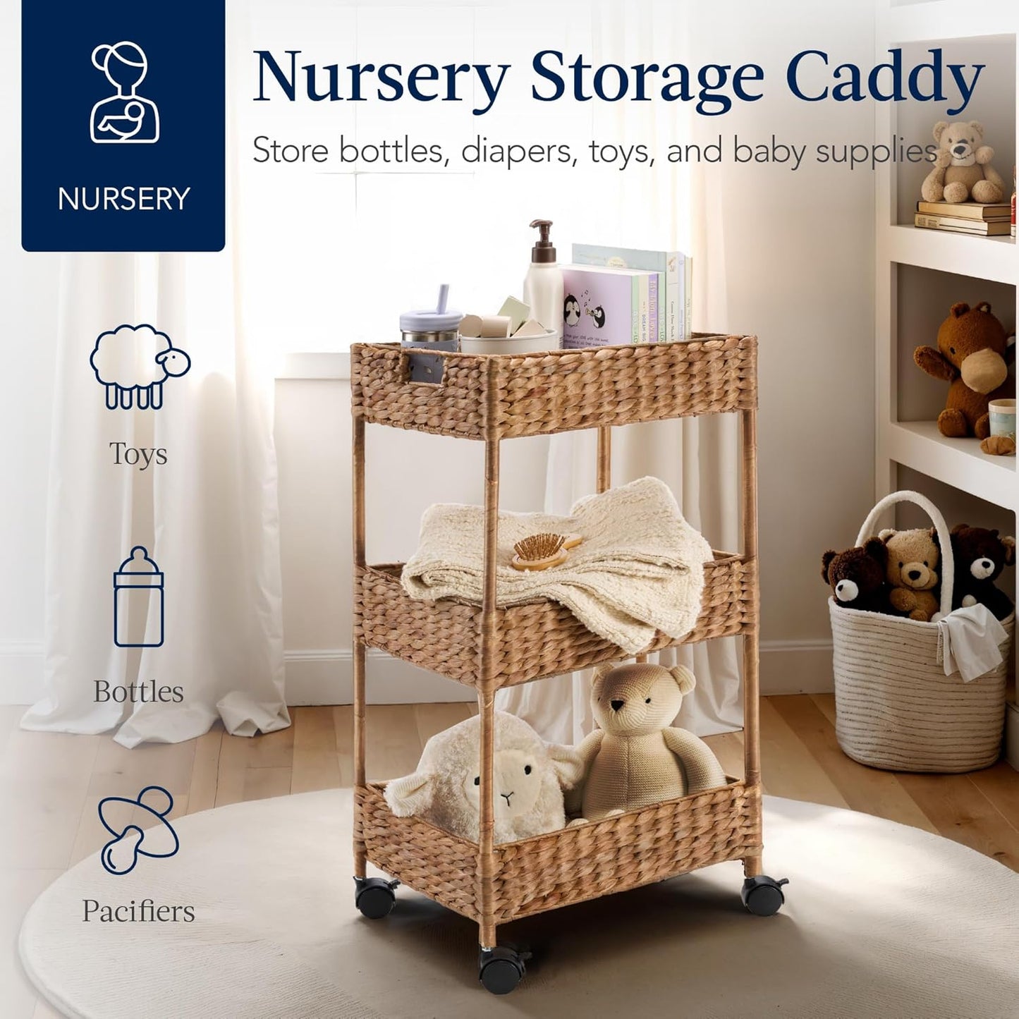 3-Tier Water Hyacinth Rolling Nursery Caddy W/Wheels, Utility Cart, Storage Organization for Bathroom, Craft Room, Laundry Room– Chestnut