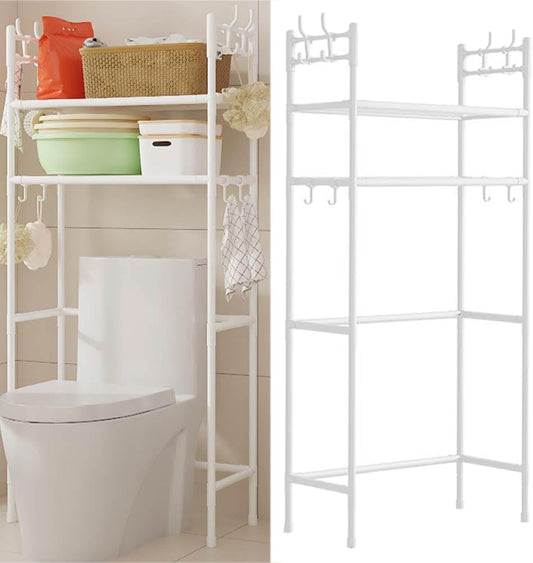2-Tier over the Toilet Storage,Freestanding Metal Bathroom Shelves with 4 Hooks,Adjustable Shelf and Basket,Freestanding Space Saver Bathroom Shelves above Toilet for Room Black,White