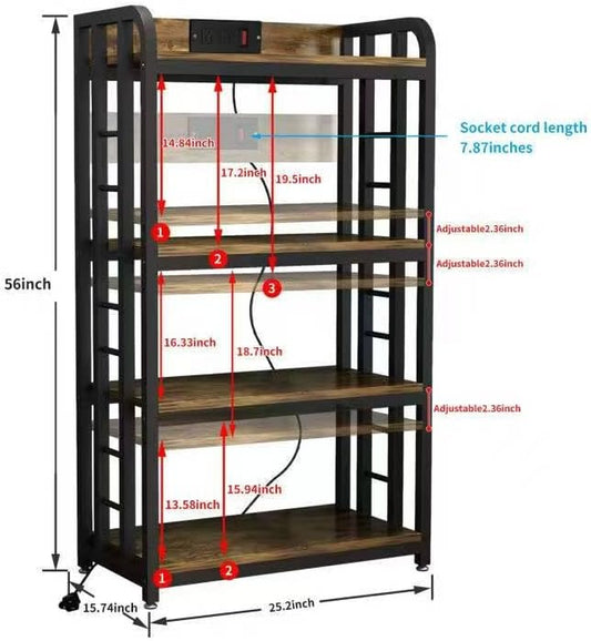Bakers Rack with Power Outlet ,4-Tier Kitchen Baker'S Rack,Microwave Stand with Storage Suitable for Kitchen, Living Room, Dinning Room,Coffee Bar(Rustic Brown)