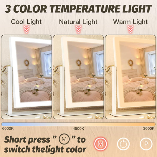 Vanity Mirror with Lights 13'' X 17'' Makeup Mirror with Lights,Vanity Mirror Touch Screen with 3-Color Lighting,Dimmable,For Vanity Desk Bedroom White