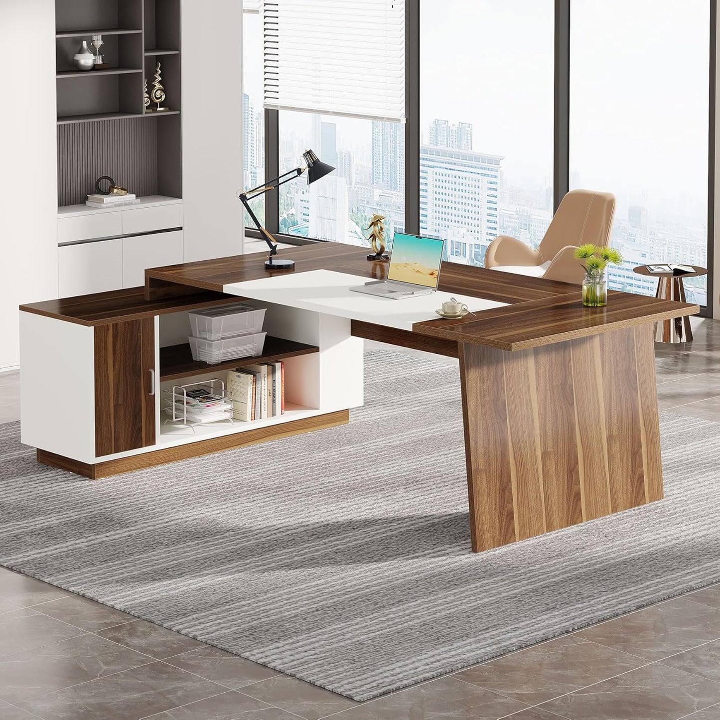 L-Shaped Executive Office Desk, 70.5-Inch Mid-Century Modern Executive Desk with Storage Cabinet and Shelves, Large Computer Desk for Home Office, Brown + White