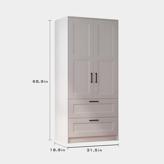Wood White Wardrobe Closet with 2 Doors and 2 Drawers,Bedroom Freestanding Armoire Storage Cabinet with Shelves,Wooden Wardrobe Combination for Hanging Clothes (White 2 Drawers)