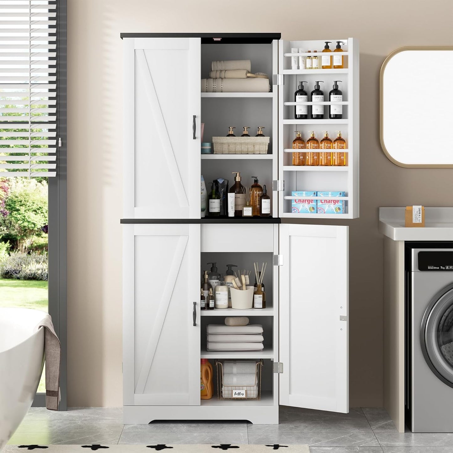 Kitchen Pantry Cabinet, Freestanding Farmhouse Storage Cabinet with 8 Door Shelves, 2 Cabinets and 1 Drawer, Tall Cupboard for Kitchen, Living Room, Dining Room and Bathroom, White