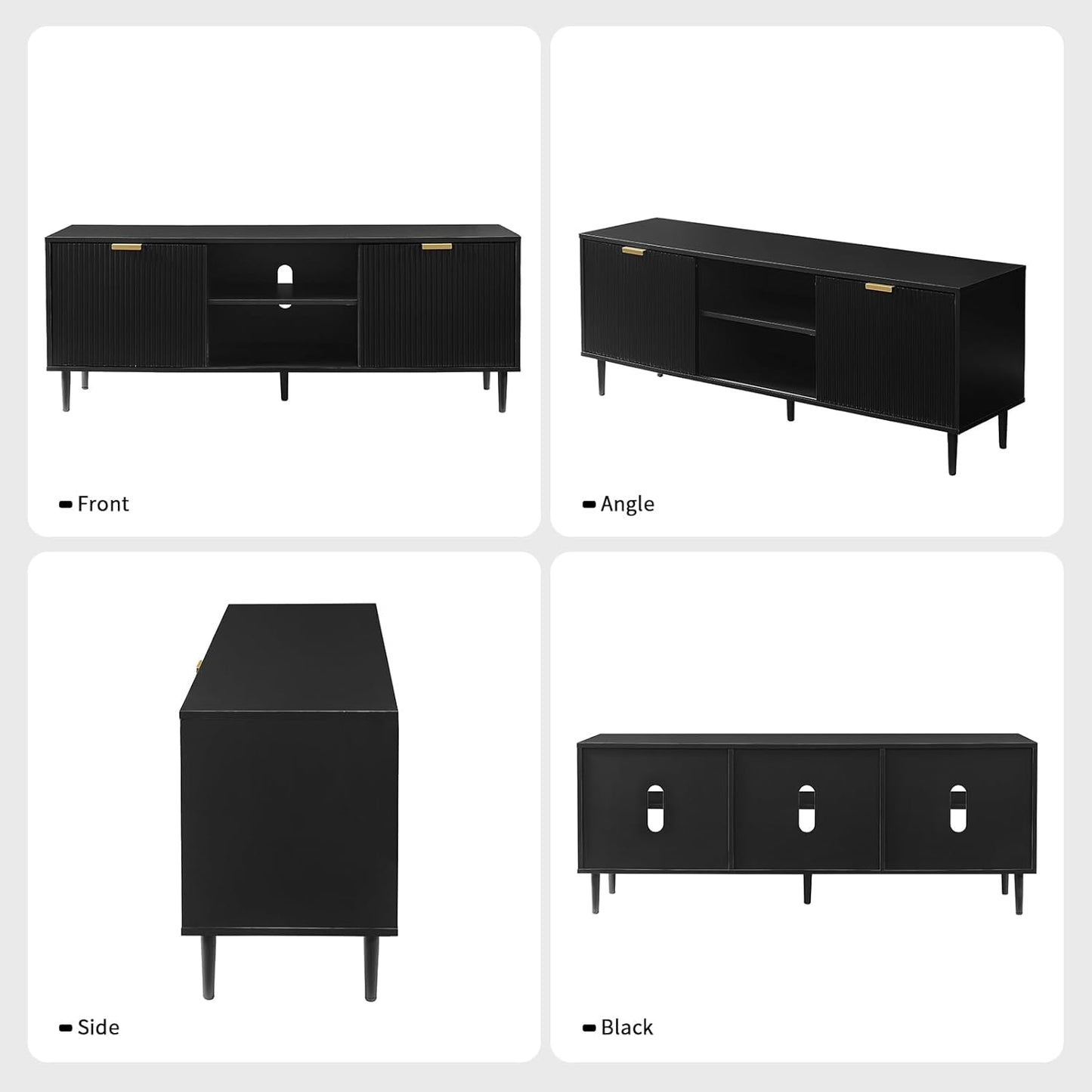 Black TV Stand, Modern TV Consoles for Living Room 65+ Inch TV, Fluted Panel Media Console with Sliding Doors & Ajustable Shelves, Entertainment Stand with Storage Cabinets