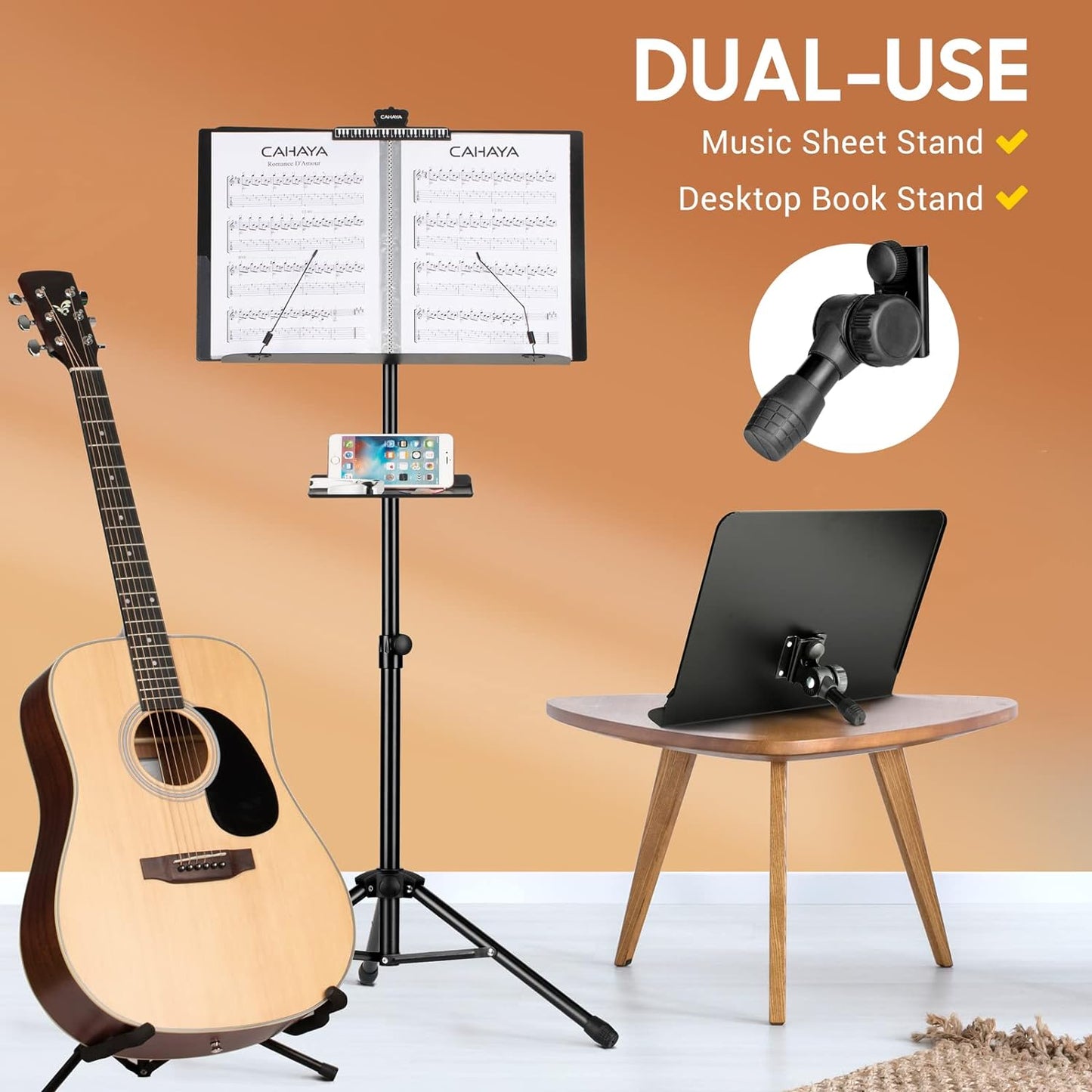 Dual Use Sheet Music Stand with Clamp-On Tray & Desktop Book Stand with Carrying Bag, Sheet Music Folder, Music Stand with Shelf, and Clip for Guitar, Ukulele, Violin Players CY0194+CY0320