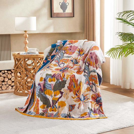 Boho Throw Blanket, 100% Cotton Ultra Soft Luxury Throw Rustic Quilt, 50"X60" Floral Bird Butterfly Farmhouse Decor Bed Blankets, All Season Rustic Reversible Bohemian Throw for Bed - Yellow