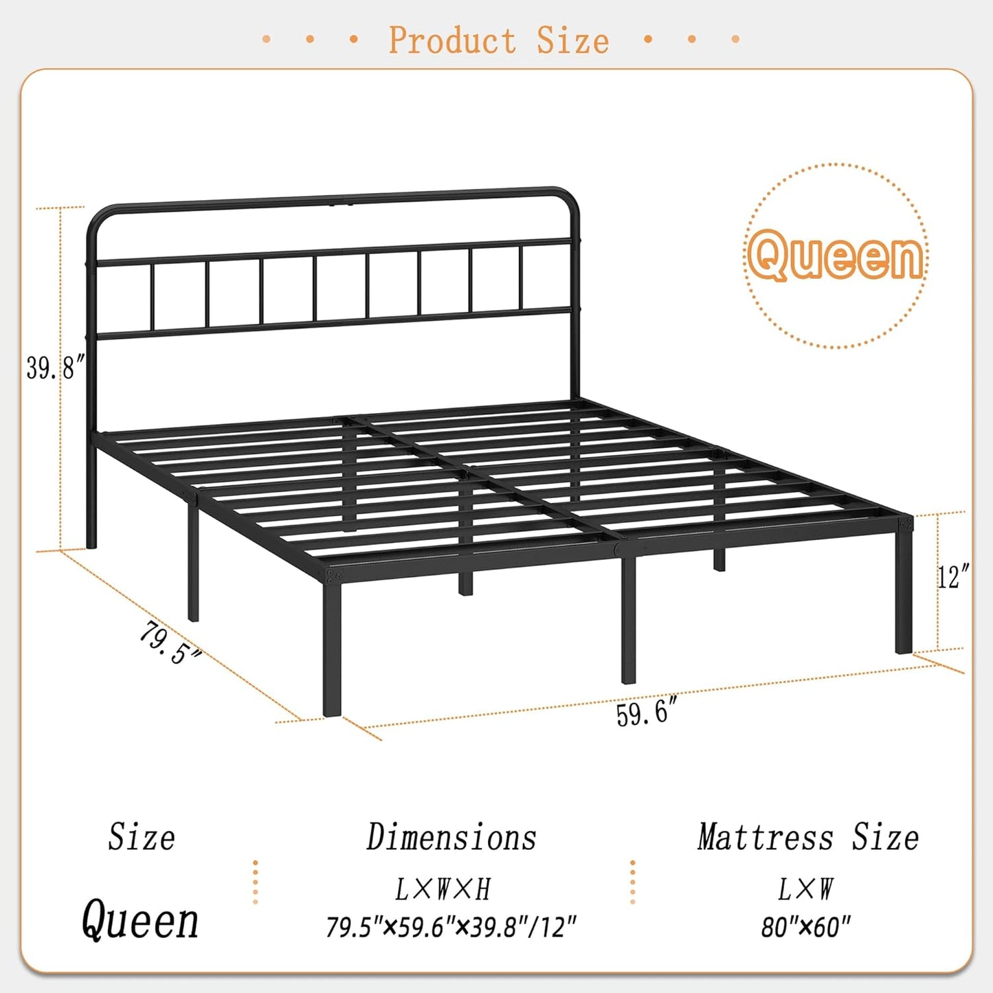12 Inches Queen Size Bed Frame with Minimalist Headboard,Metal Platform Base with Strong Metal Slats,Mattress Foundation for under Bed Storage,Easy Assembly,Black